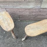 Pair of rustic 1940 brutalist wooden tripod farm stools vintage