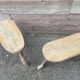 Pair of rustic 1940 brutalist wooden tripod farm stools vintage