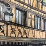 Watercolor vintage village view