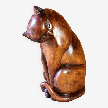 Chat en bois sculpté art populaire signé