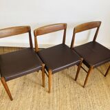 3 vintage Scandinavian chairs in teak and brown leatherette