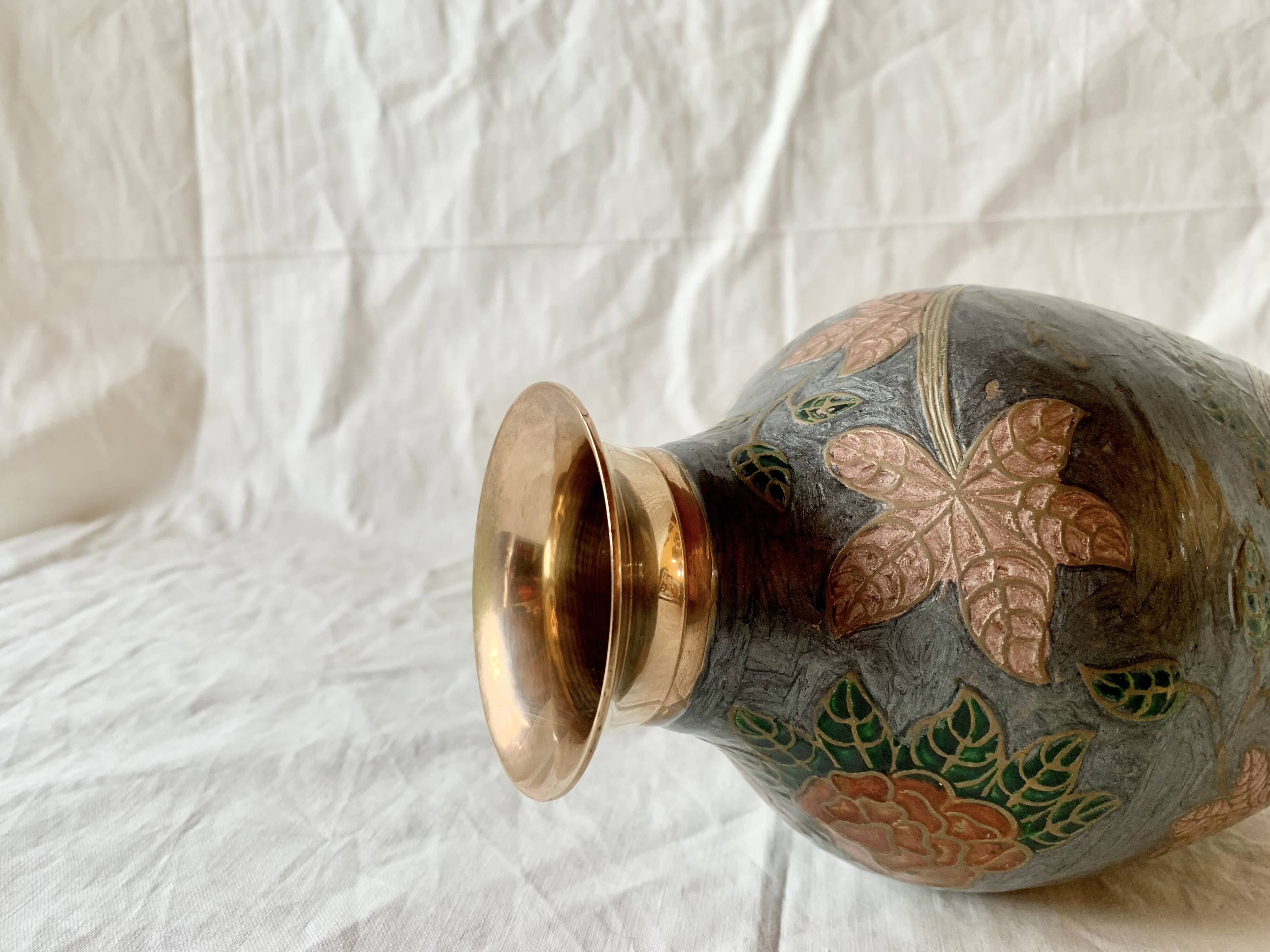 Vintage brass vase with cloisonné enamel floral decoration