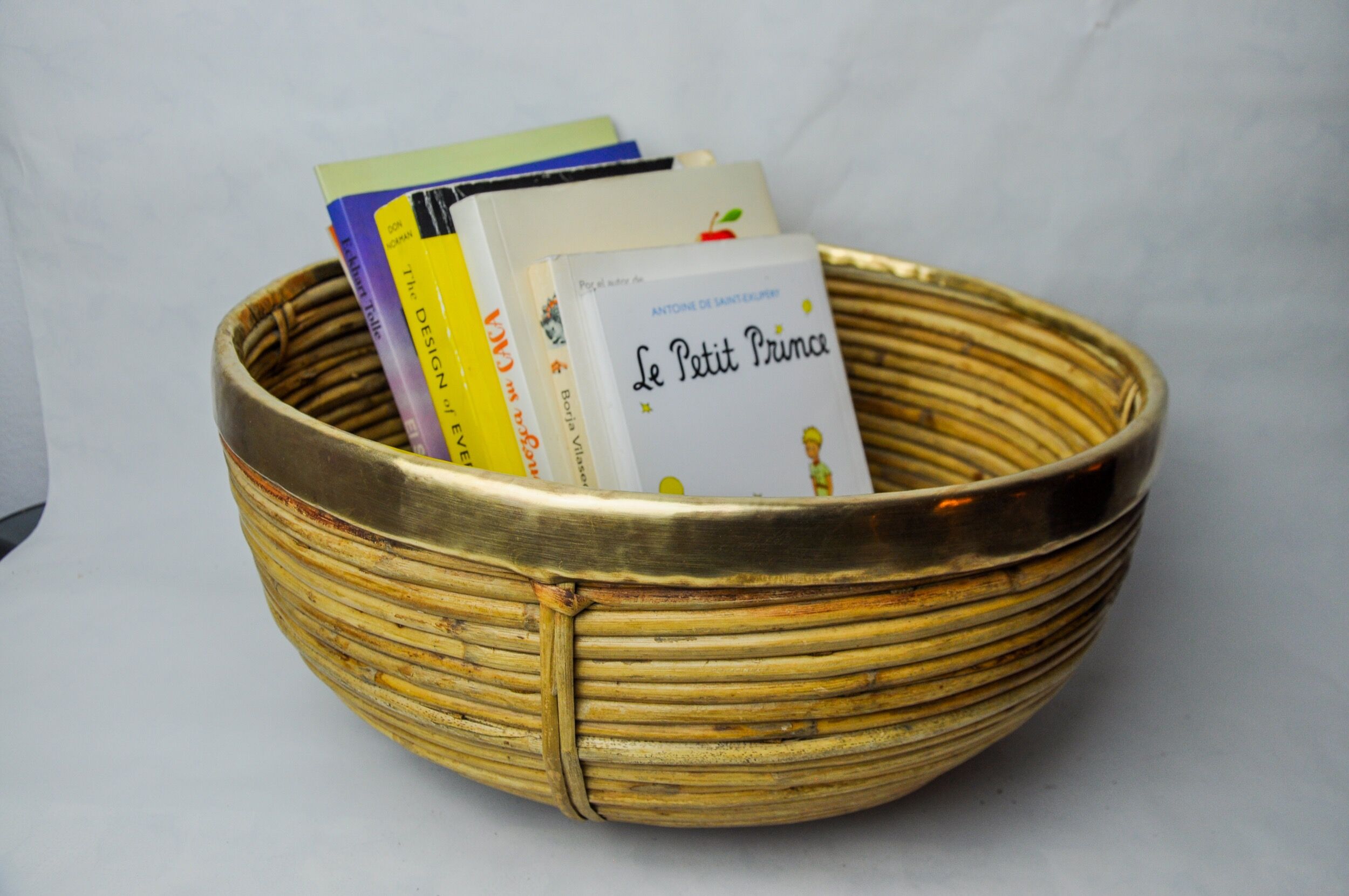 Rattan and brass basket, Italy, 1970