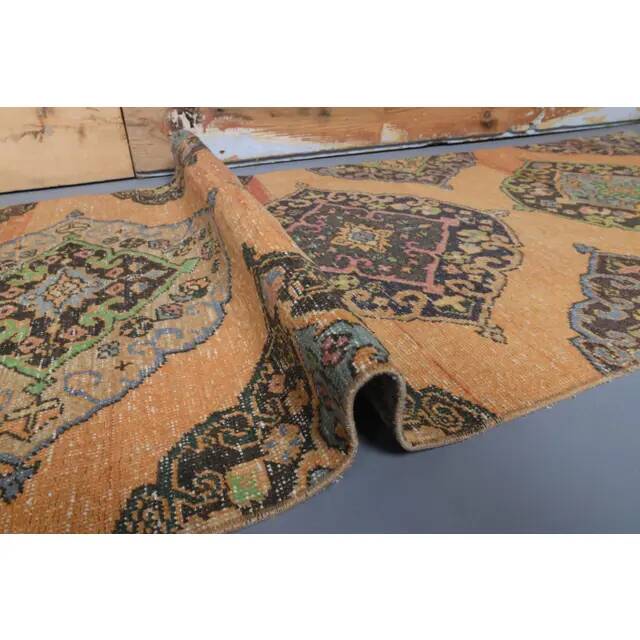 Vintage Turkish Oushak Handmade Wool Cotton Orange Runner Rug 90x373