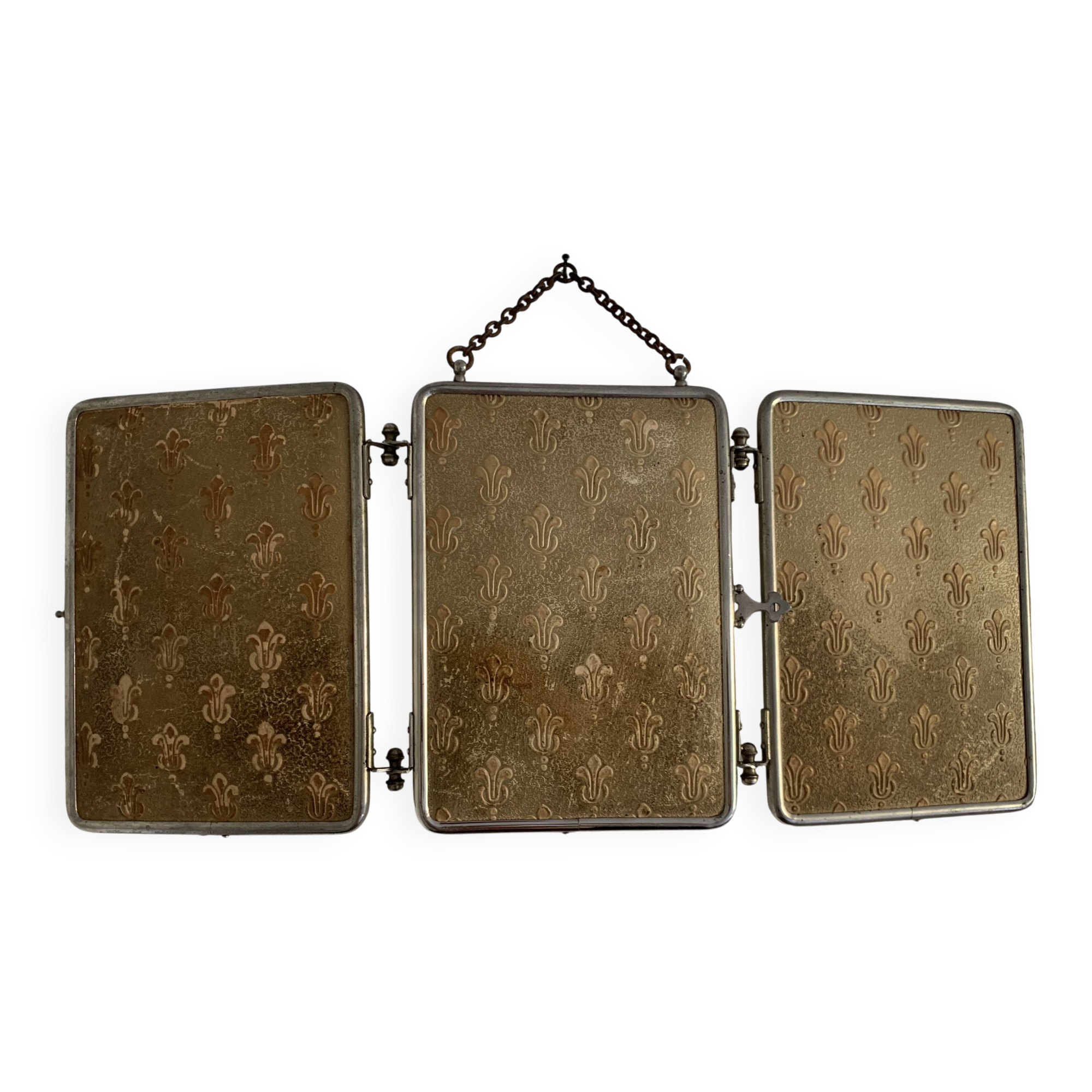 Miroir vintage 1910 triptyque barbier fleur de lys doré - 22 x 50 cm