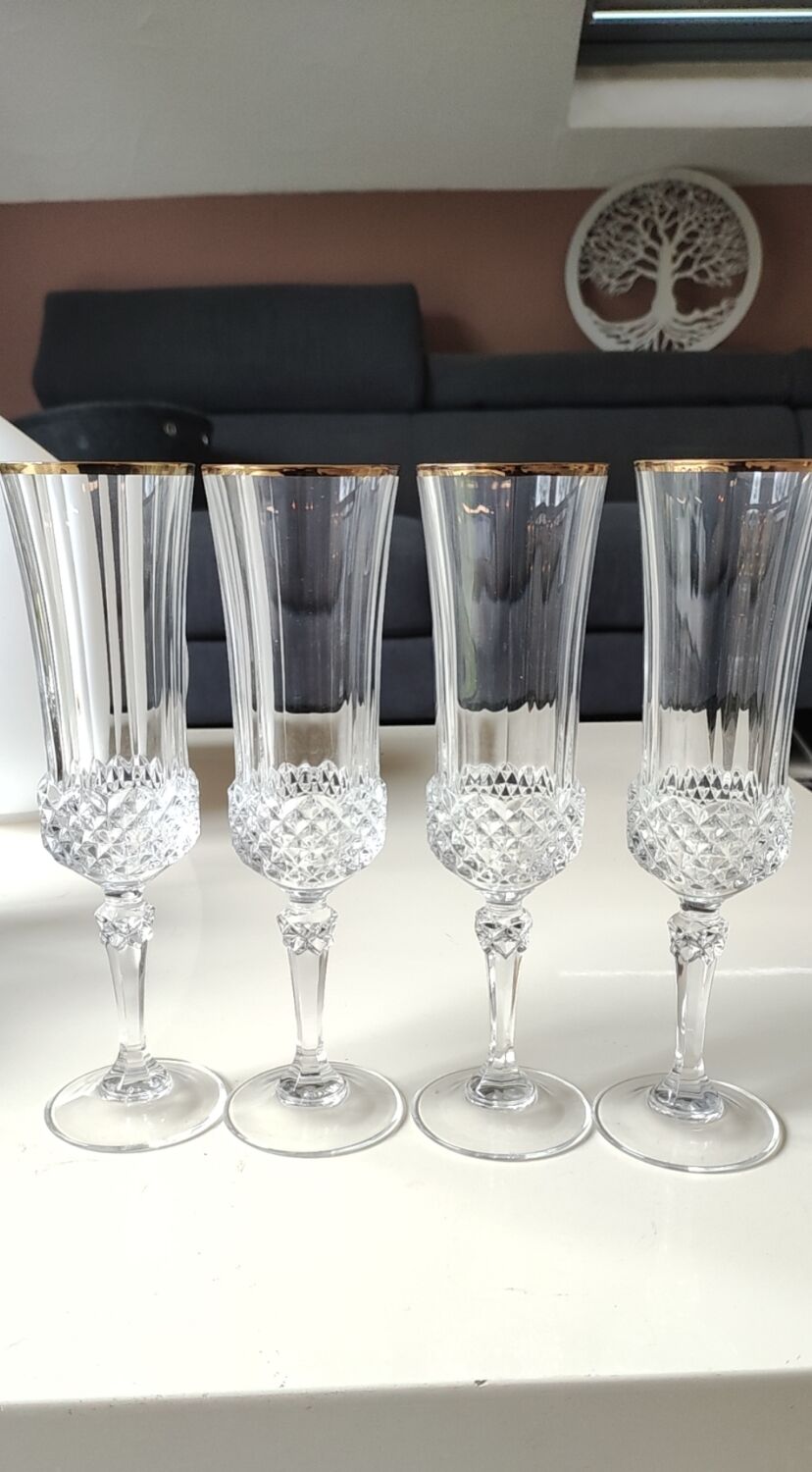 Lot of 6 x Champagne Flutes crystal/Valencay Gold/Crystal d'Arques