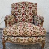 Antique Louis XV style shepherdess armchair in floral flocked fabric