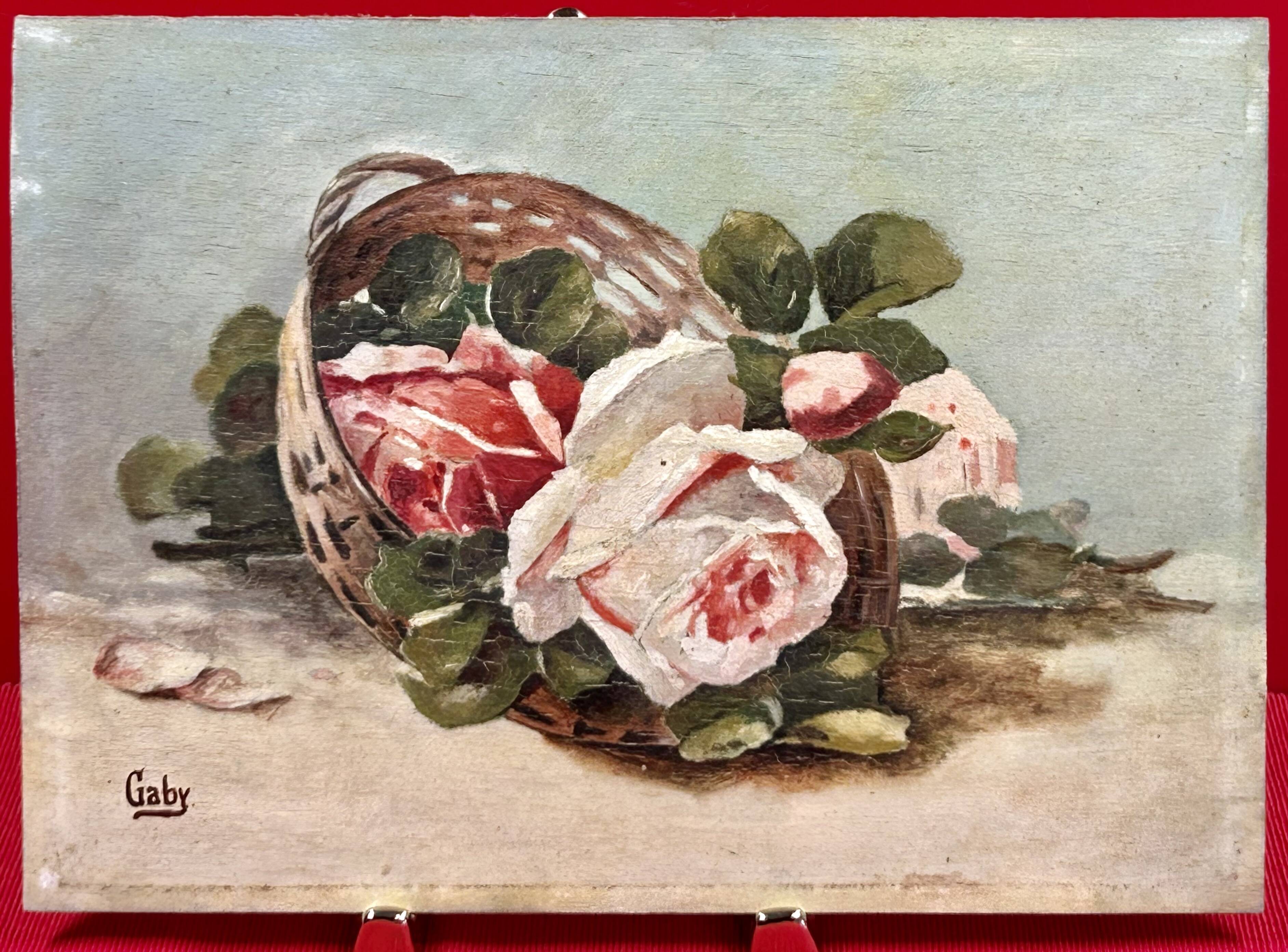 oil on panel, Still Life with Flower Bouquet, Signed Gaby