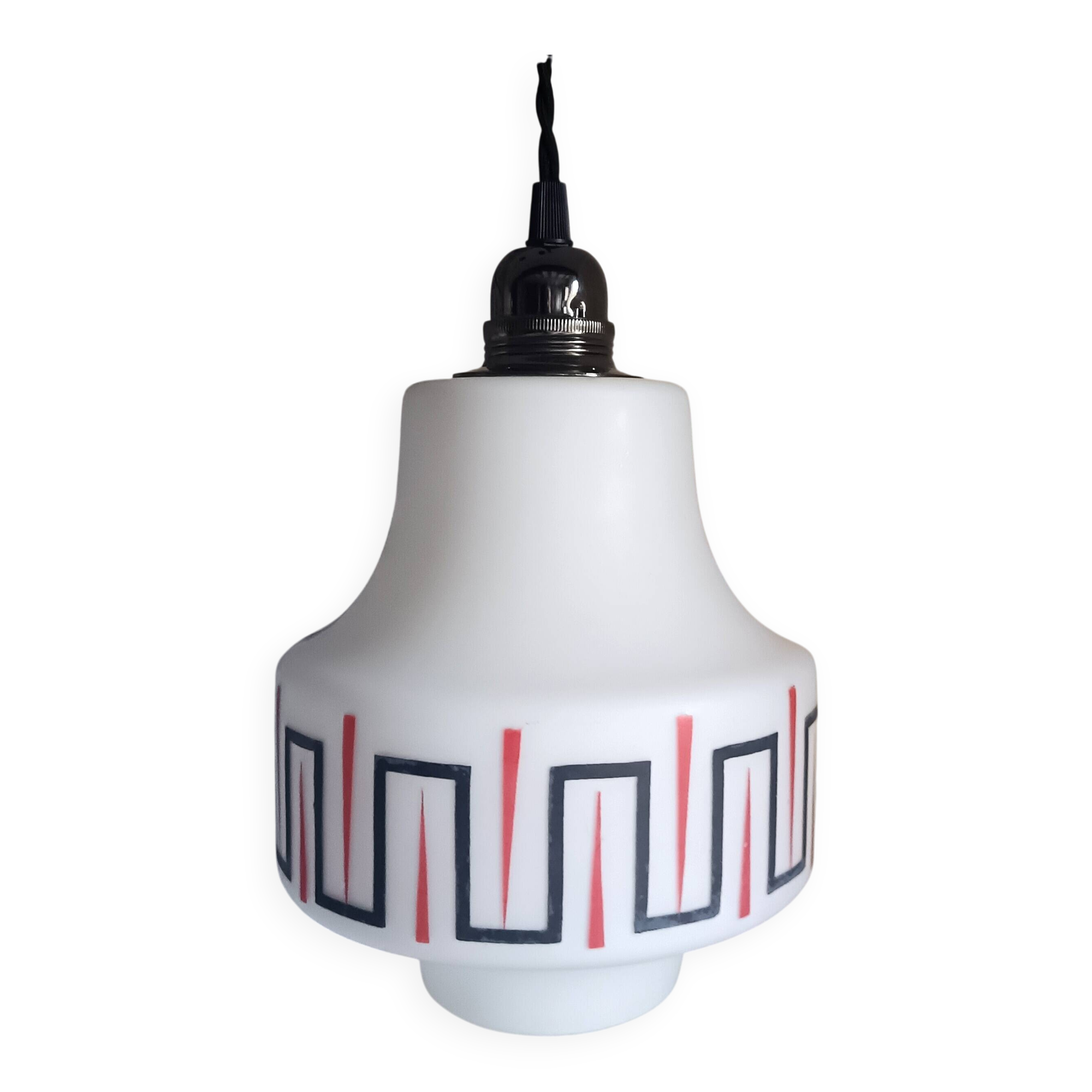Vintage opaline glass pendant light, red and black geometric patterns, 1960s