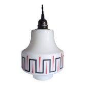 Suspension en verre opalin vintage, motifs géométriques rouge noir 1960