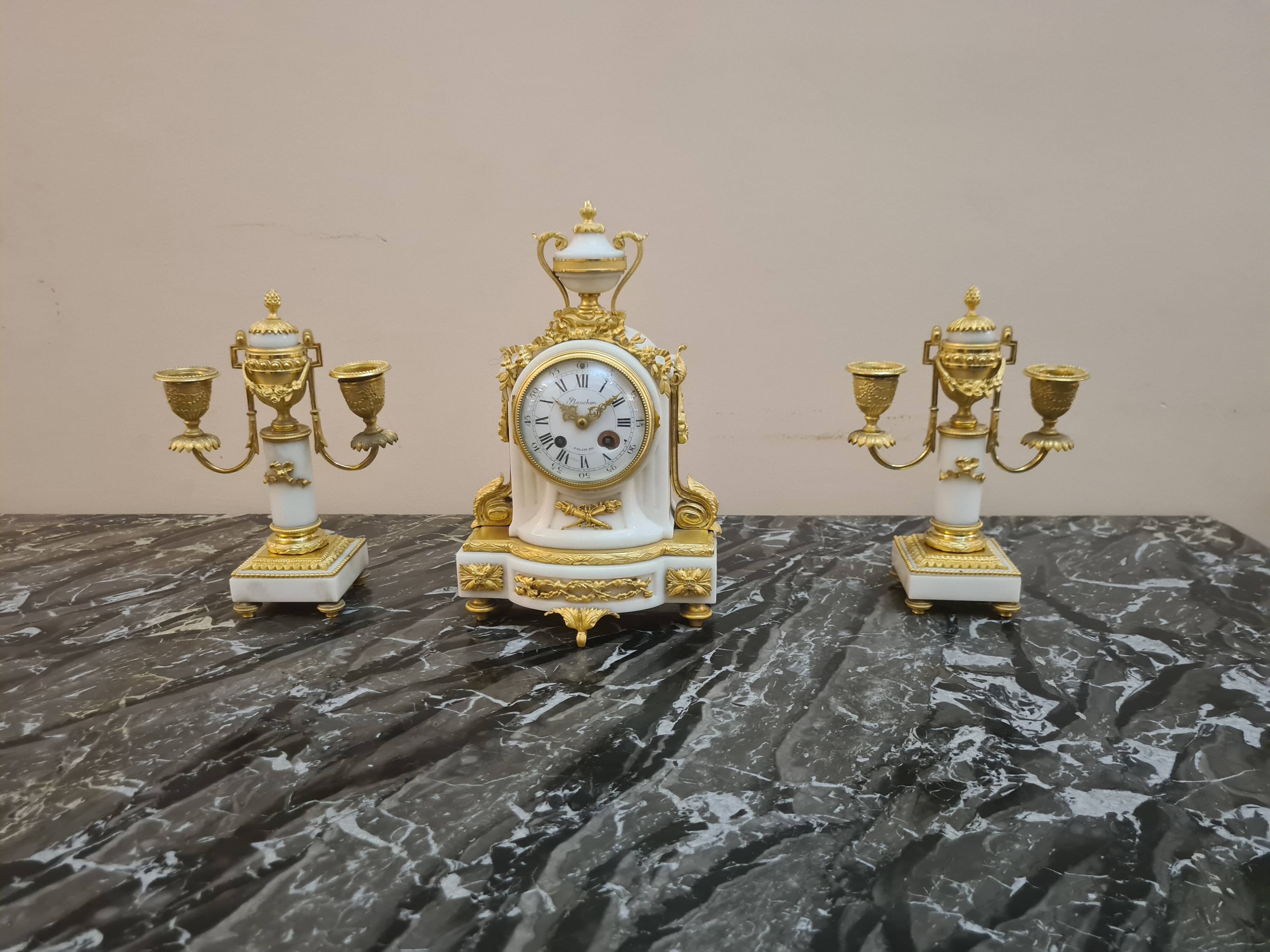 Fireplace set signed Planchon, 19th century