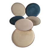 Set of 6 cream and grey-blue glazed earthenware plates.