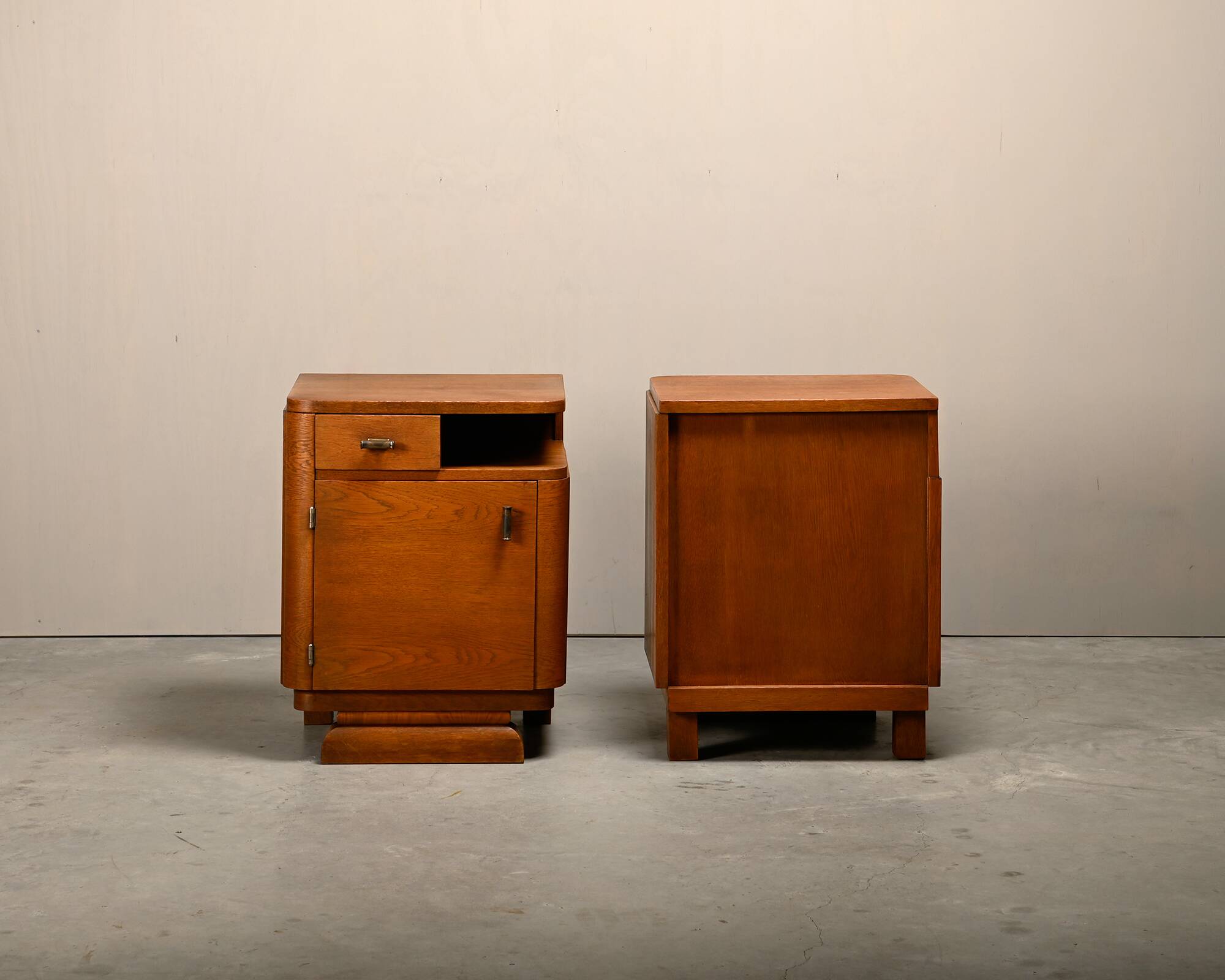 Pair Art Deco Nightstands or Bedside tables Oak and Glass, Netherlands, 193