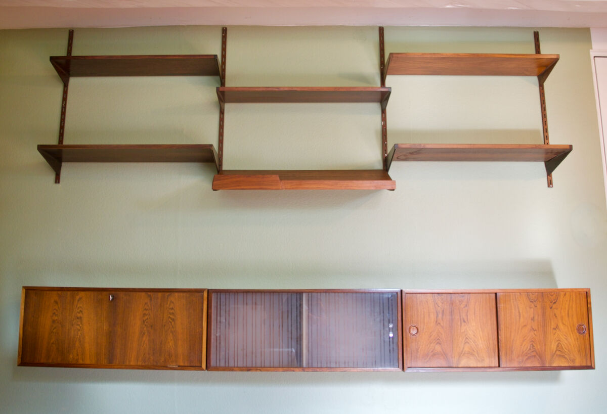 Midcentury Modular Rosewood Wall System by Kai Kristiansen for FM Møbler, 1960s. Set of 17.