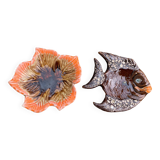 Lot composed of small barbotine dishes in enamelled ceramic, leaf and fish, Vallauris style