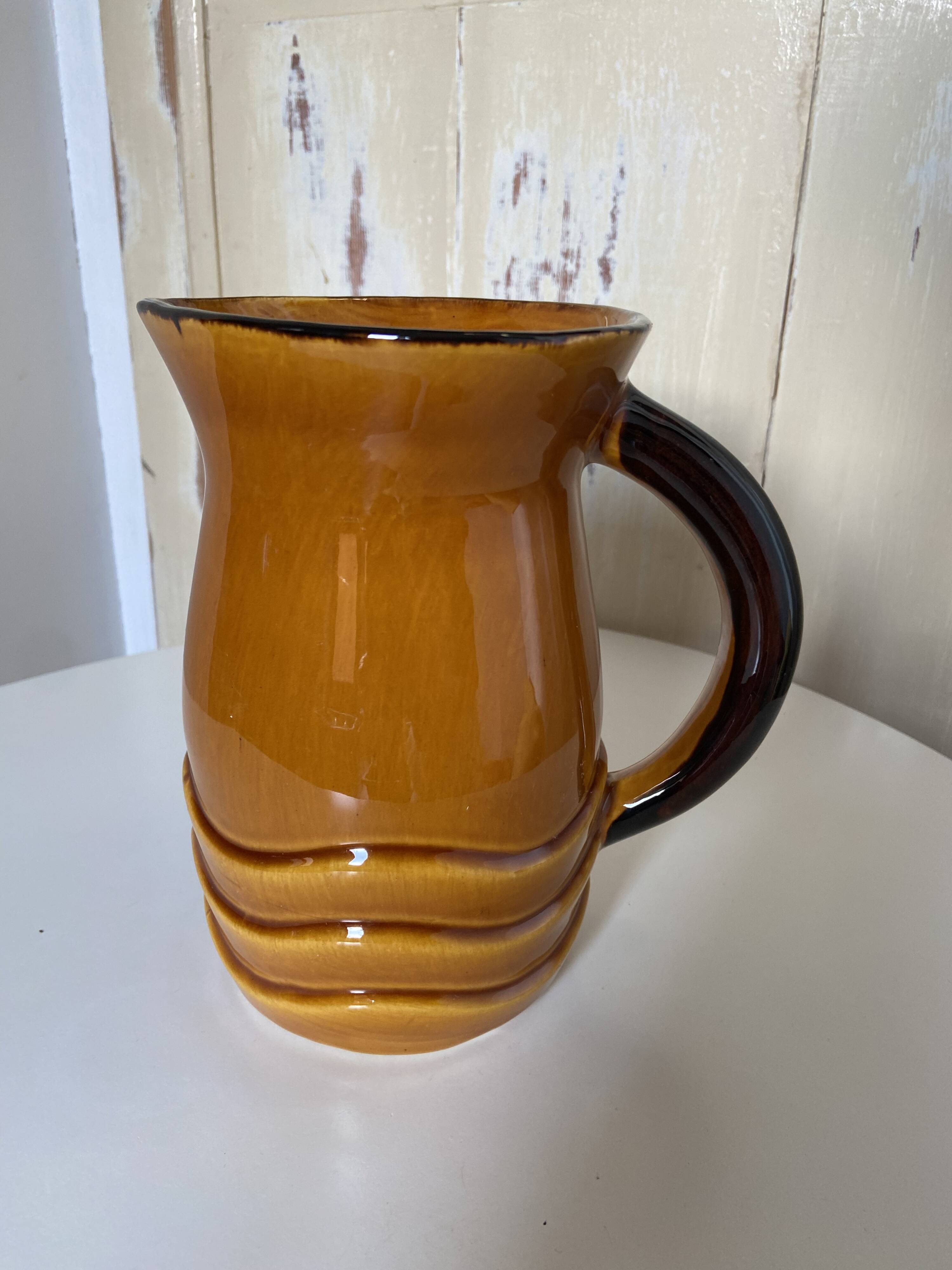 Vintage pitcher carafe Water pot, jug, enamelled ceramic PL France corrugated