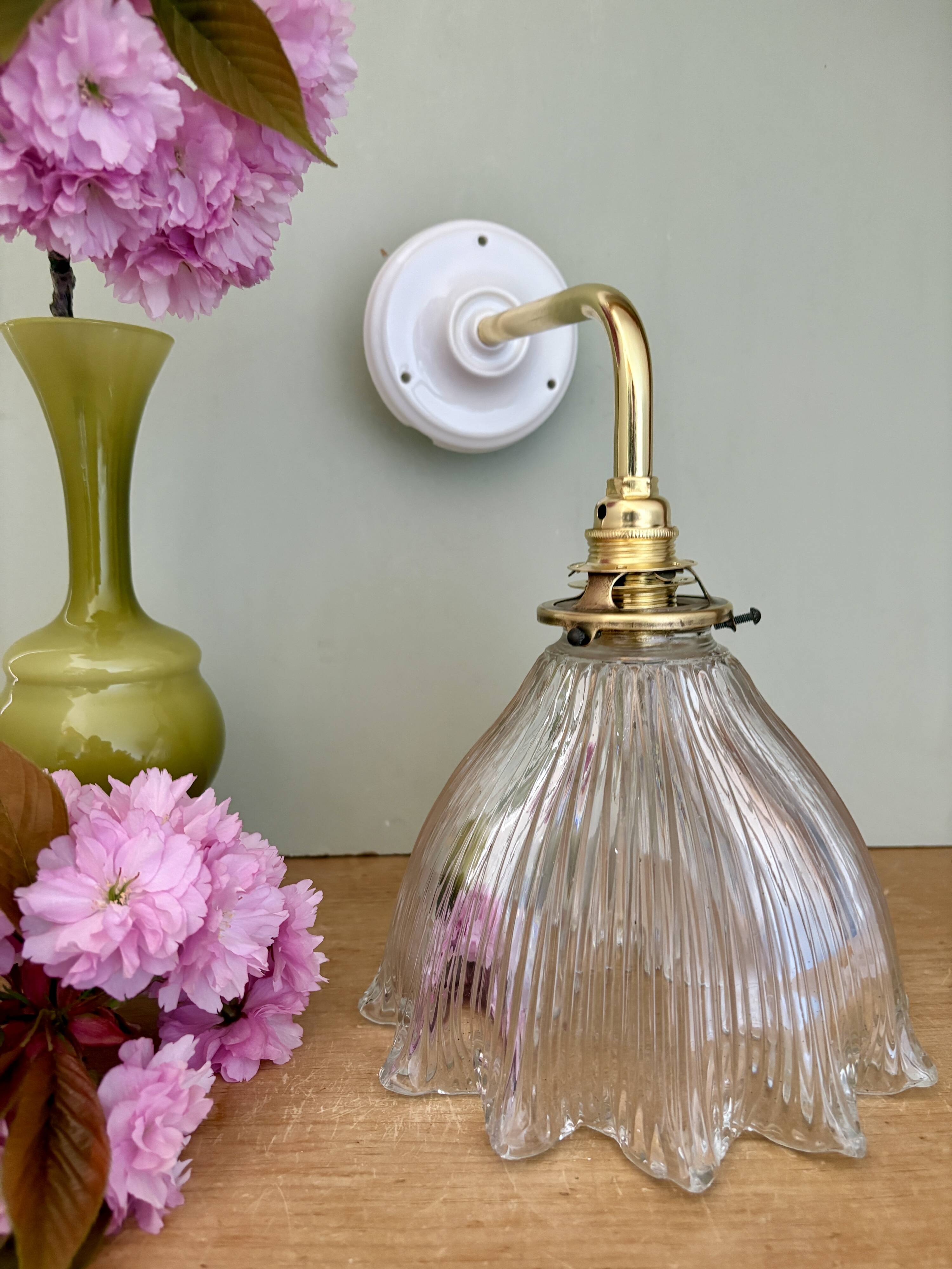 Elbow wall lamp with vintage holophane glass shade