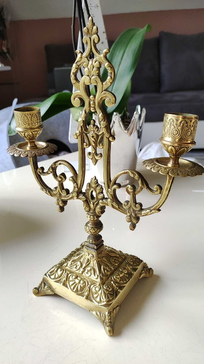 Altar candlestick with 2 branches, napoleon iii style, bronze patina old gold