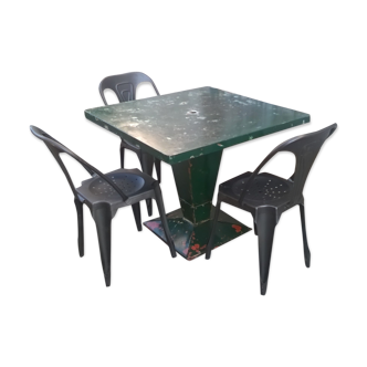 tolix cube table and 3 metal chair