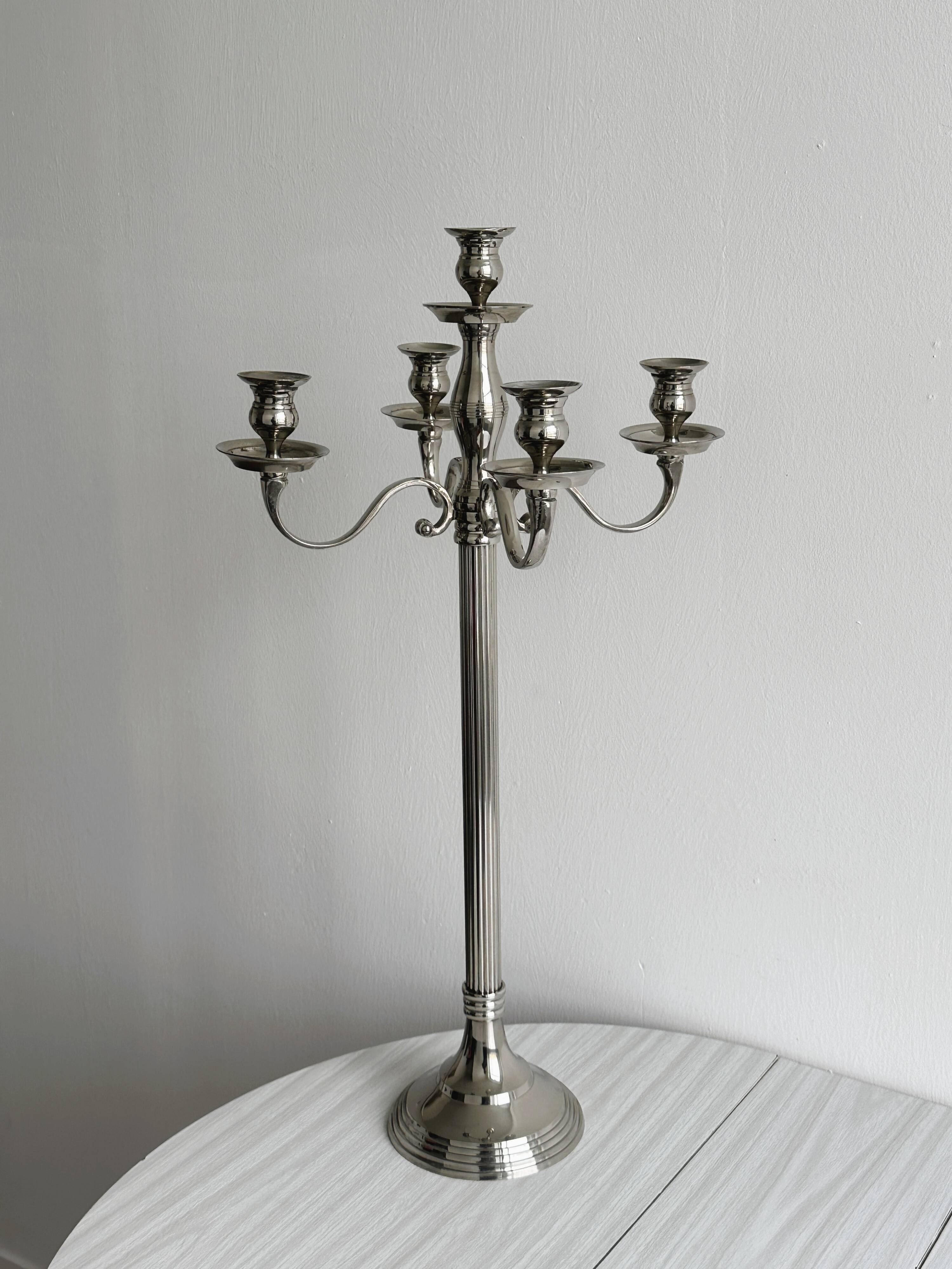 Large 5-arm candlestick in shiny silver metal