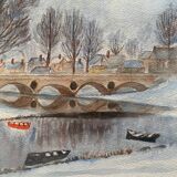 Original watercolor painting "Winter landscape with village and boats"