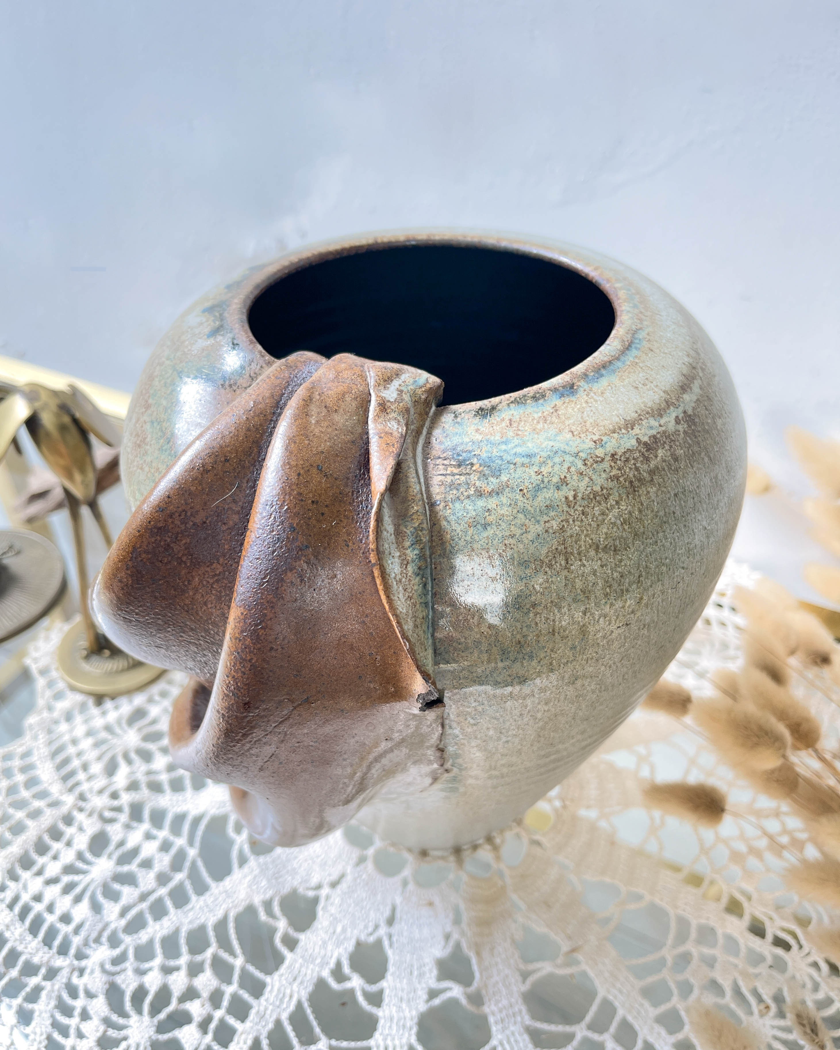 Vintage stoneware vase with draped effect glaze