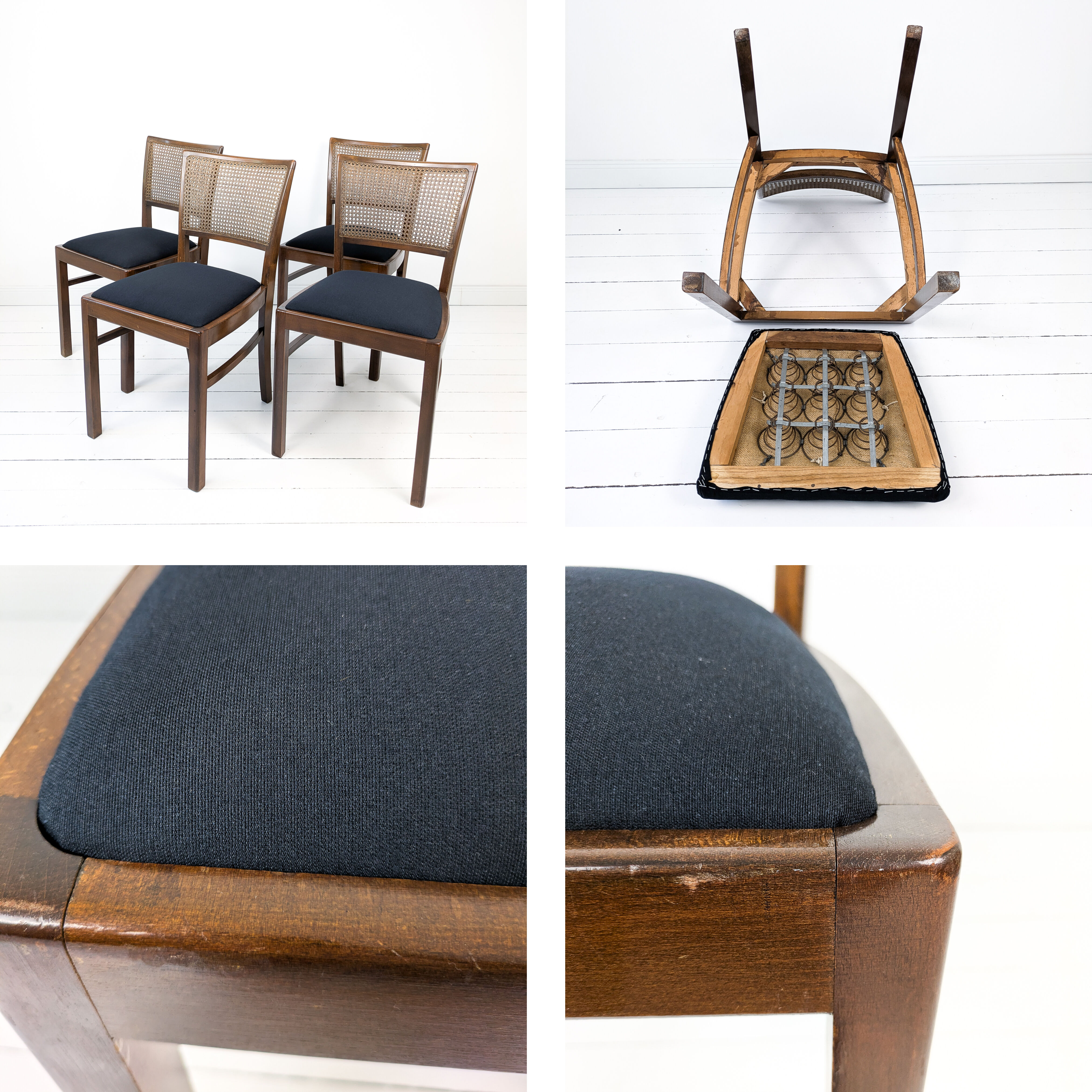 Lot de 4 chaises vintage en bois, cannage viennois et assise noire