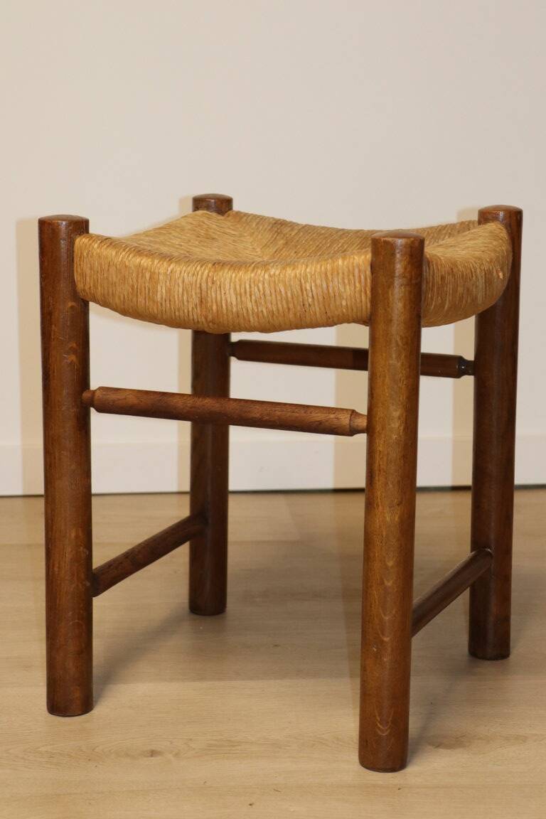 Vintage stool in solid oak and straw, 1960s