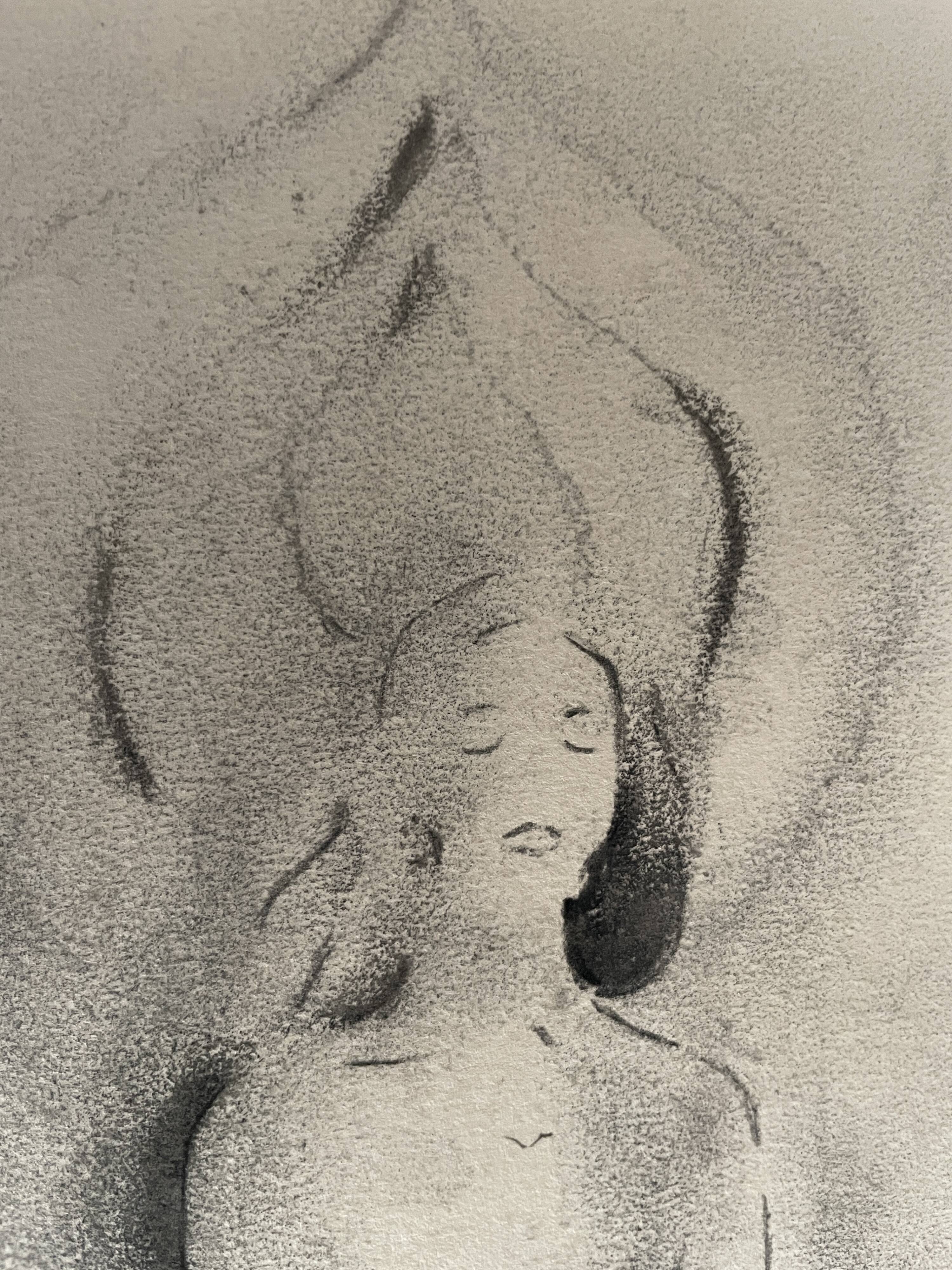 Painting signed charcoal woman buddha zen attitude