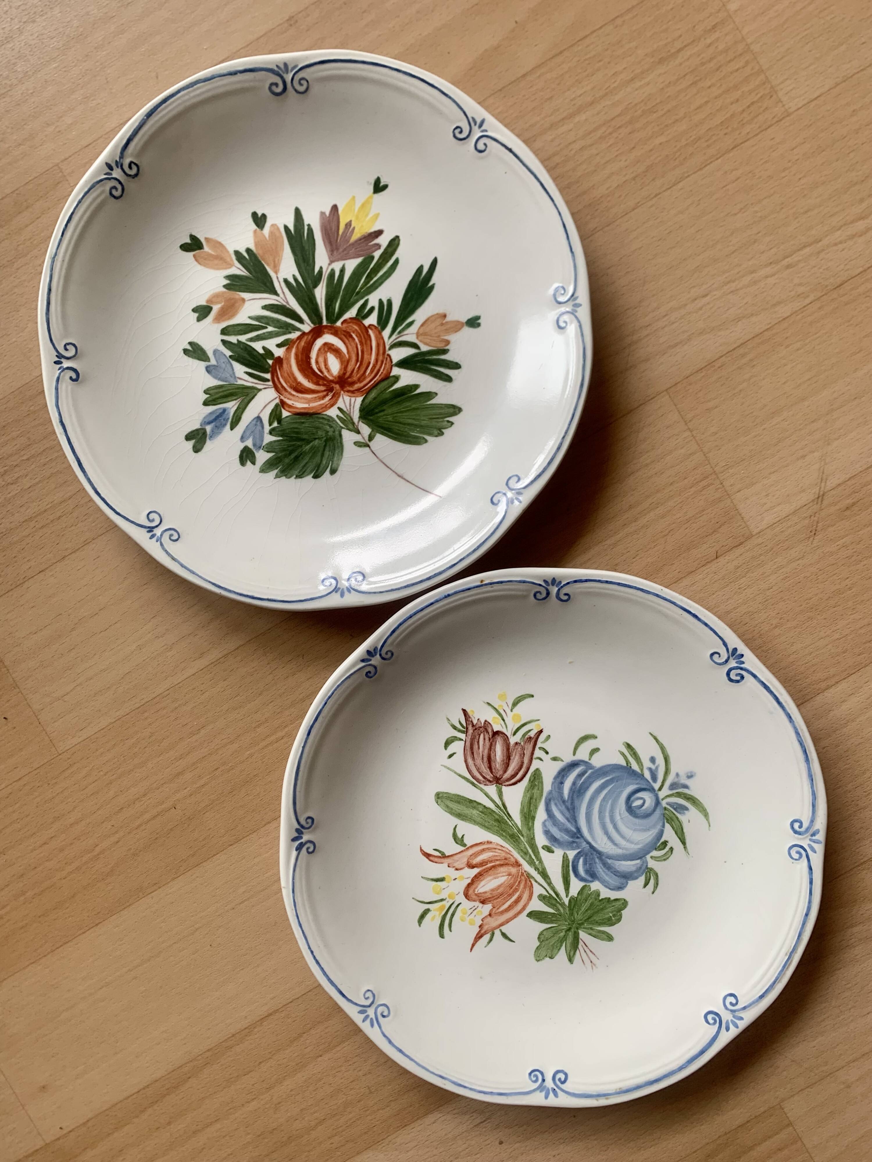 Gien Vintage Plate with Floral Pattern and Blue Border