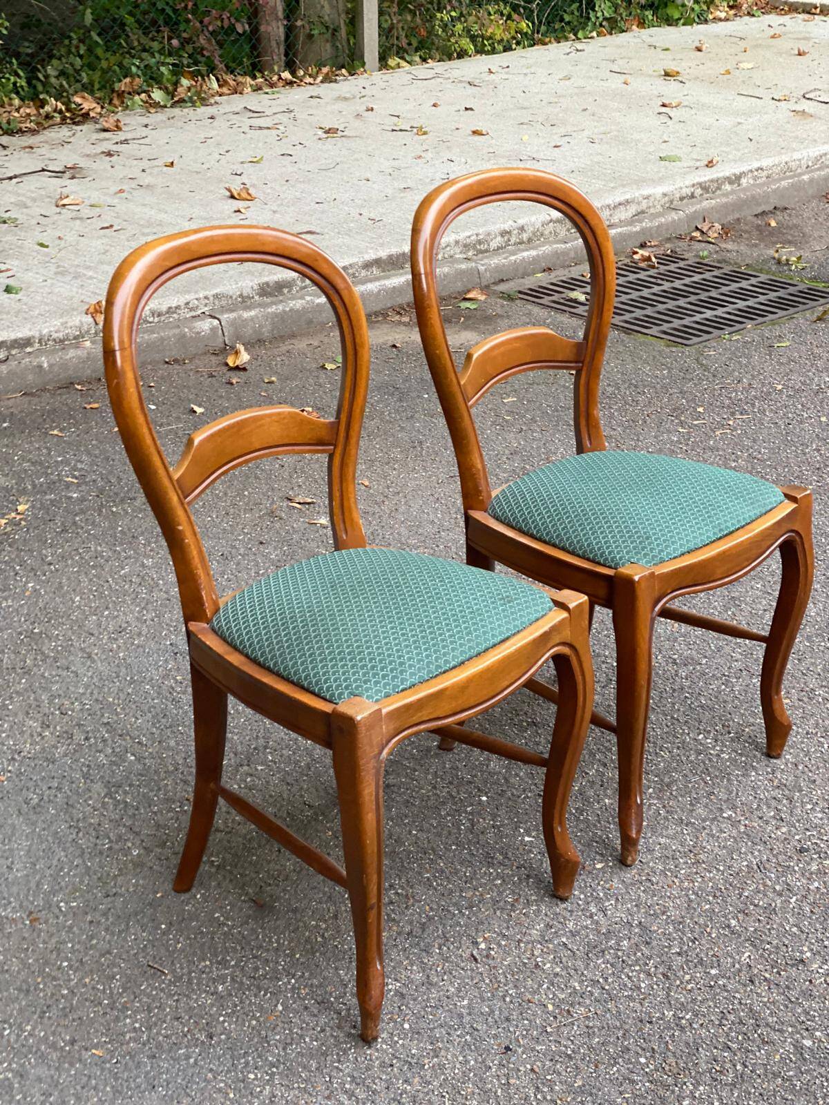 2 Louis Philippe chairs in solid curved wood and embroidered blue-green fabric