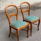 2 Louis Philippe chairs in solid curved wood and embroidered blue-green fabric