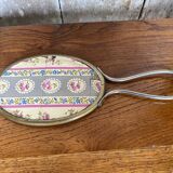 Ancien miroir verre biseauté face a main laiton + manches metal vintage