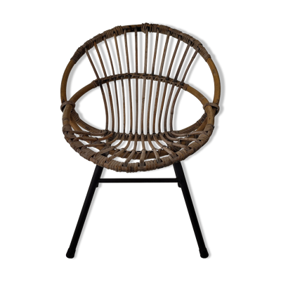 Fauteuil enfant rotin et métal années 60