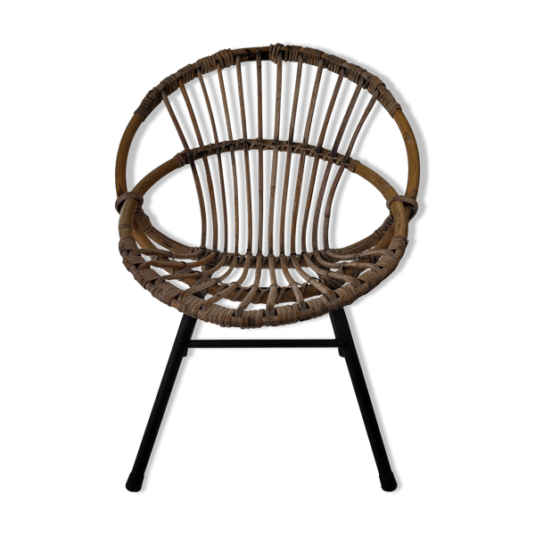 Fauteuil enfant rotin et métal années 60
