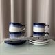 Set of 4 Vintage Studio Pottery Cups & Saucers – Hand Glazed Blue & White