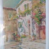 Aquarelle de Louis Houpin : rue du four falicon alpes maritimes 06, réencadrée bois et or