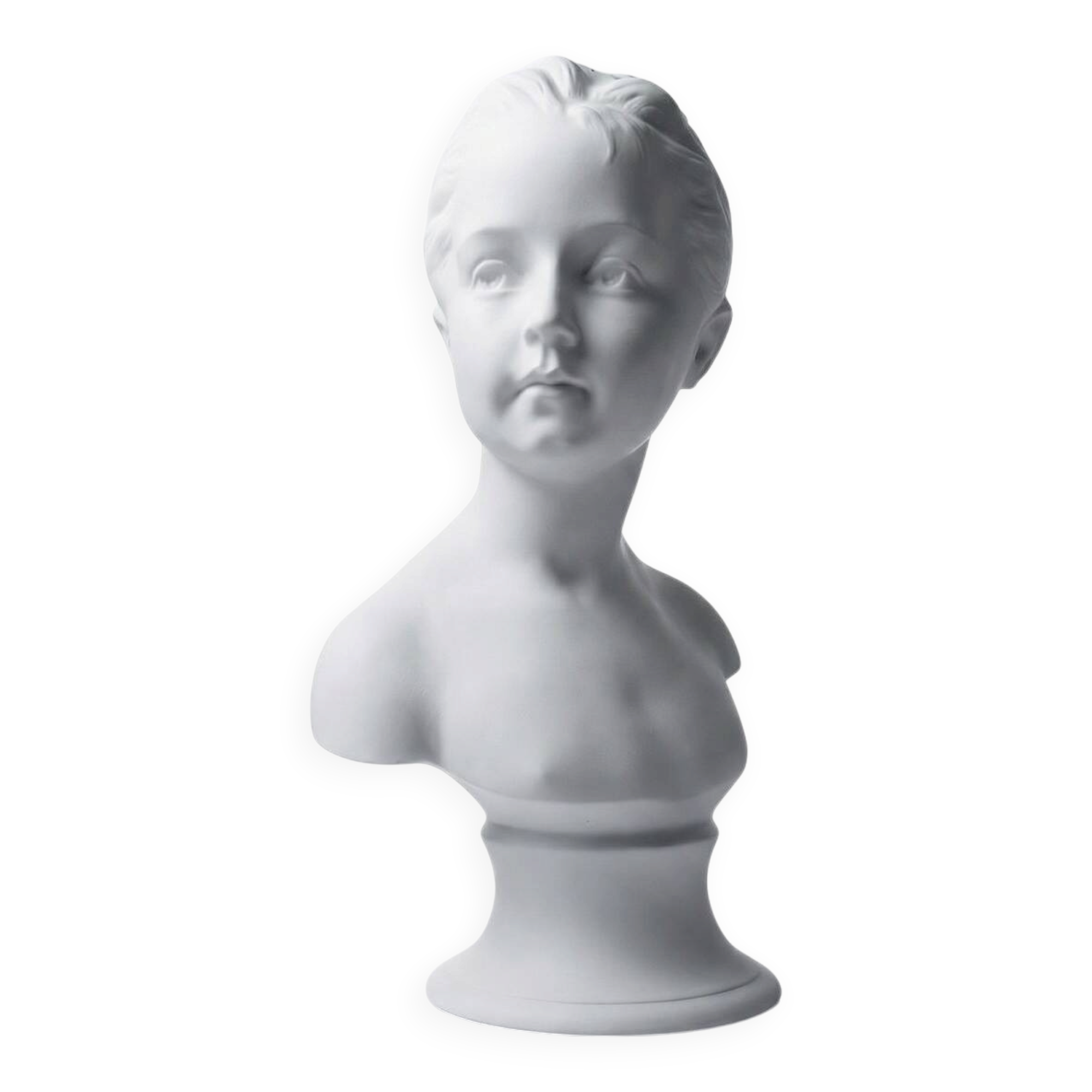 Bust of Louise Brongniart after Houdon, white biscuit Tharaud Limoges 20th century.
