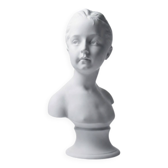 Bust of Louise Brongniart after Houdon, white biscuit Tharaud Limoges 20th century.