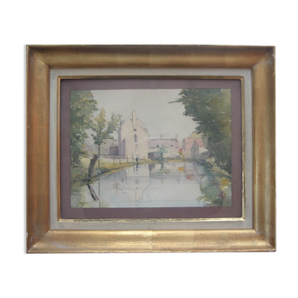 Aquarelle Jules Tillier 1944 body of water gilded frame window dedication mrs. degoutte