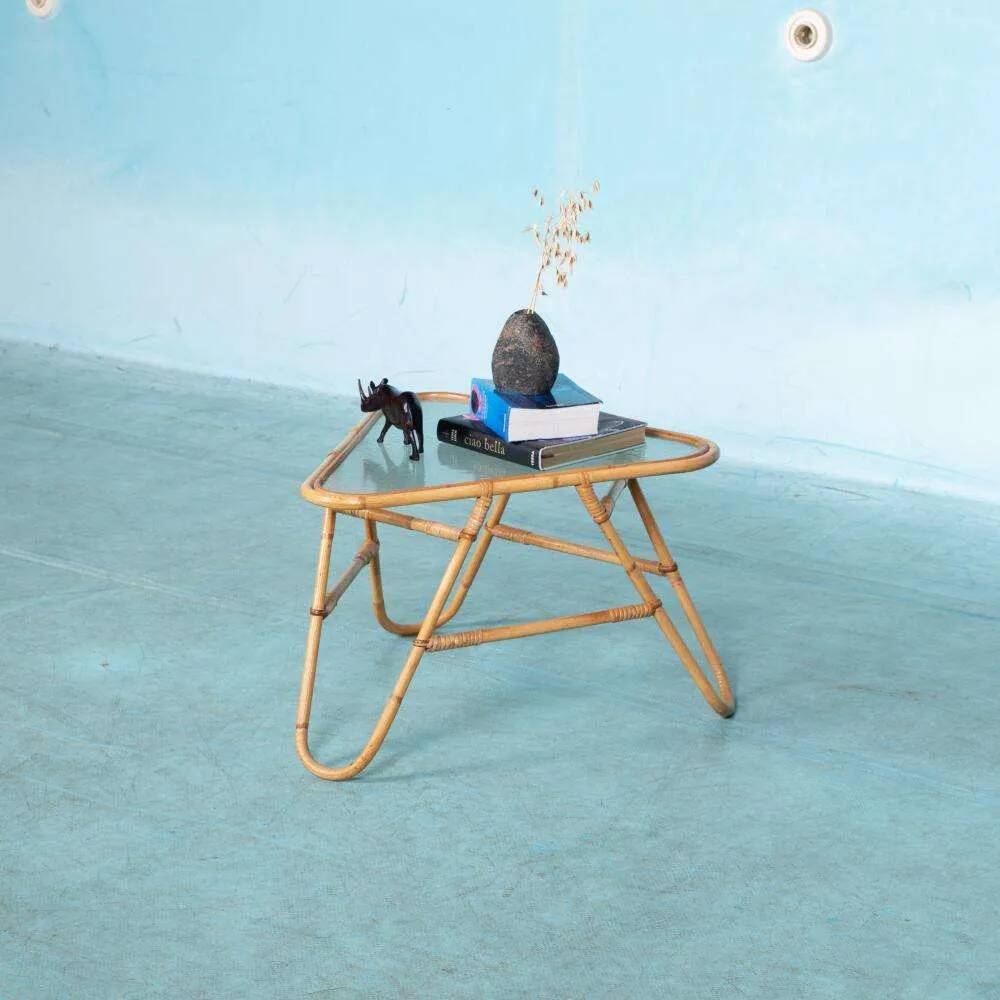 Vintage rattan coffee table from the sixties, bohemian rattan side table.
