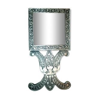 Bijou miroir de poche argent massif et gravure ancien