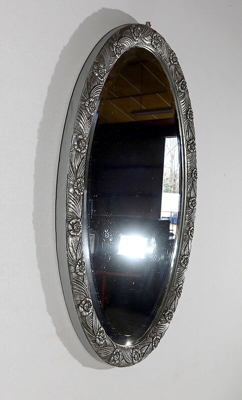 Oval mirror with silver frame, art nouveau, 1900
