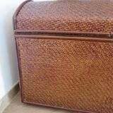 Vintage storage chest - curved - woven rattan - 1970s - mahogany colour