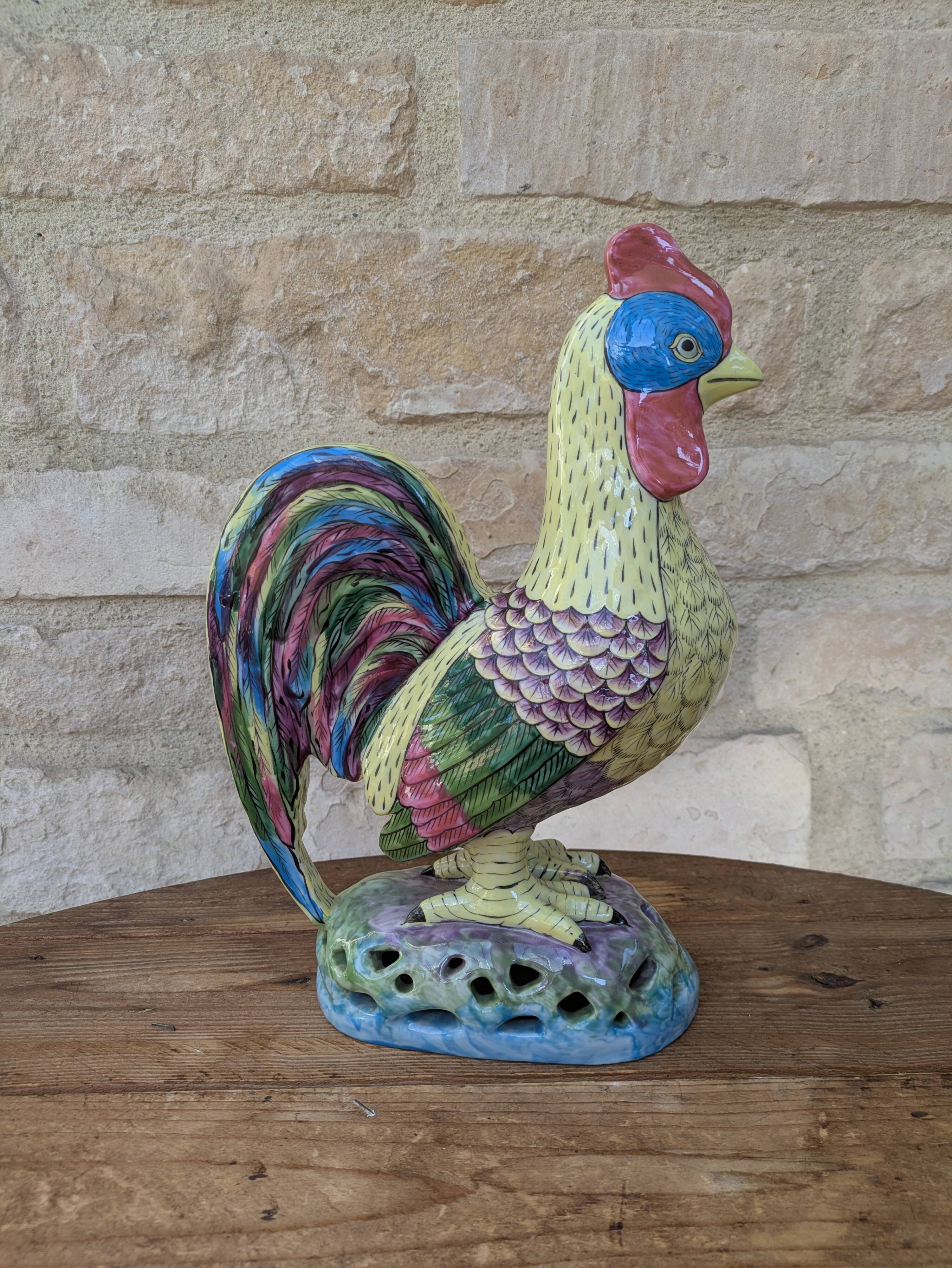 Polychrome decorative rooster in Paris Porcelain statue H30cm