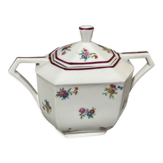 Limoges porcelain sugar bowl SBV & Cie art deco burgundy borders and floral motifs