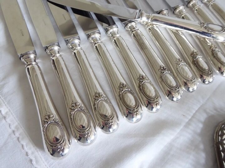 Set of 12 table knives in silver metal