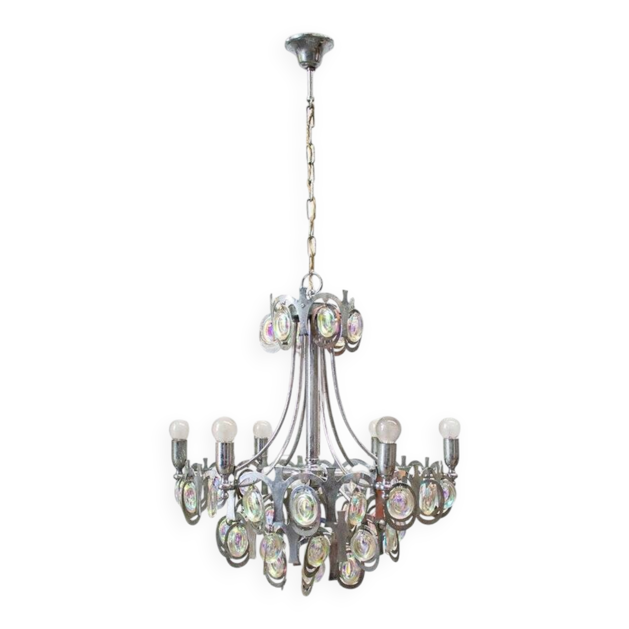 Nine-light chandelier in chrome-plated steel by Gaetano Sciolari, 1960s.
