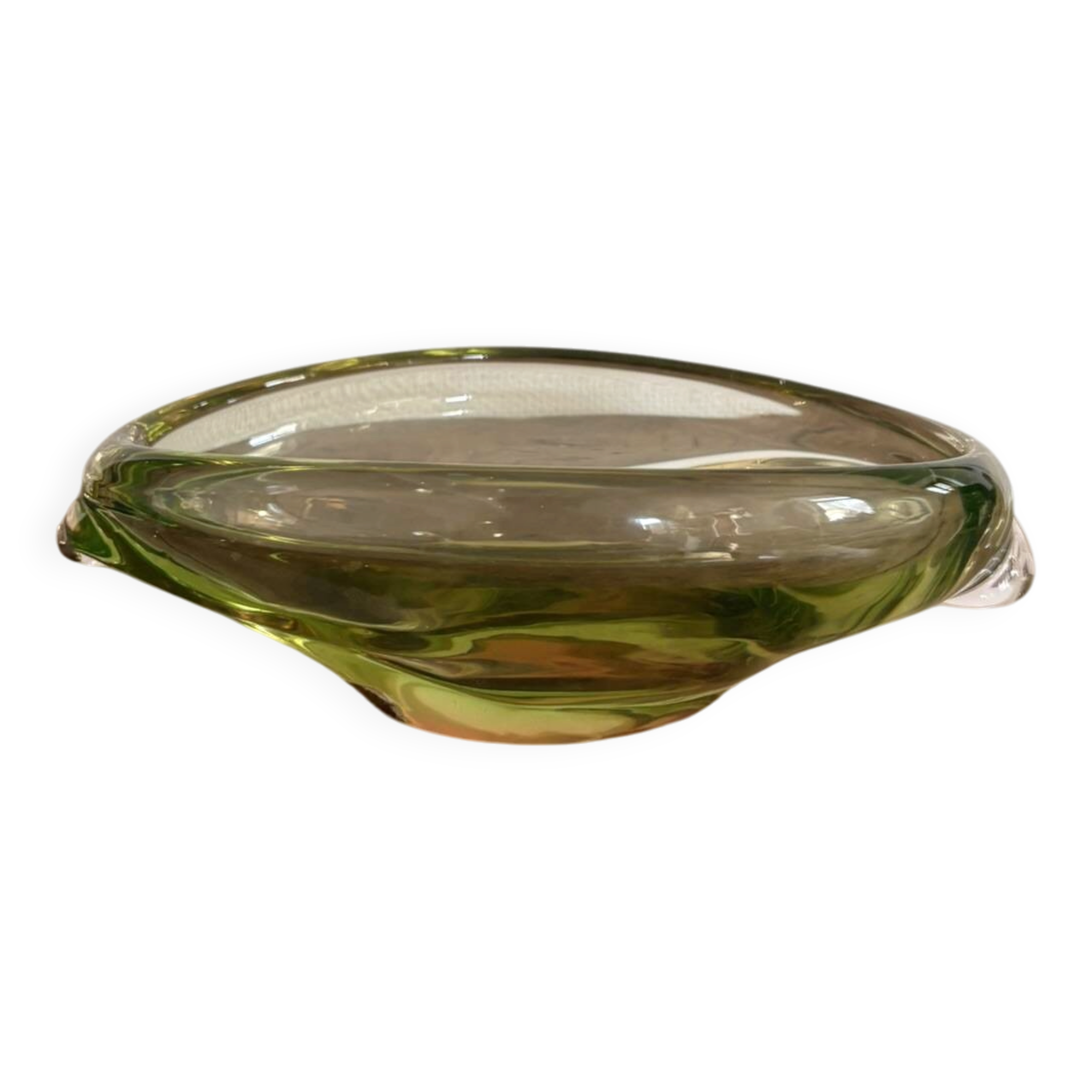 Old Pocket Bowl Fruit Dish Green Olive Crystal Bohemian Czechoslovakian