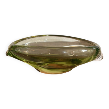 Ancien Vide Poche Coupelle Coupe Fruit vert Olive Cristal Bohème Tchécoslov